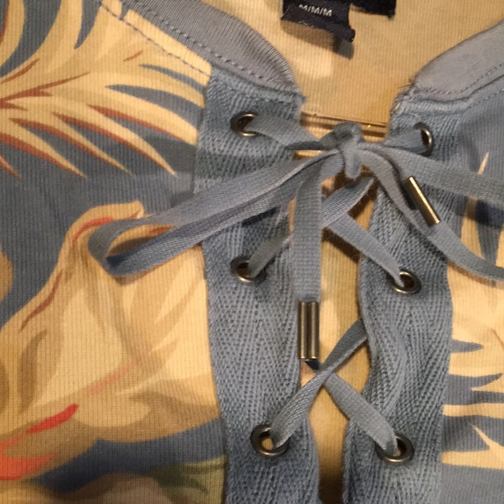 American Living Tropical Floral Blue Tee Shirt Dress Lace Up Front Short Sleeve - Picture 16 of 17